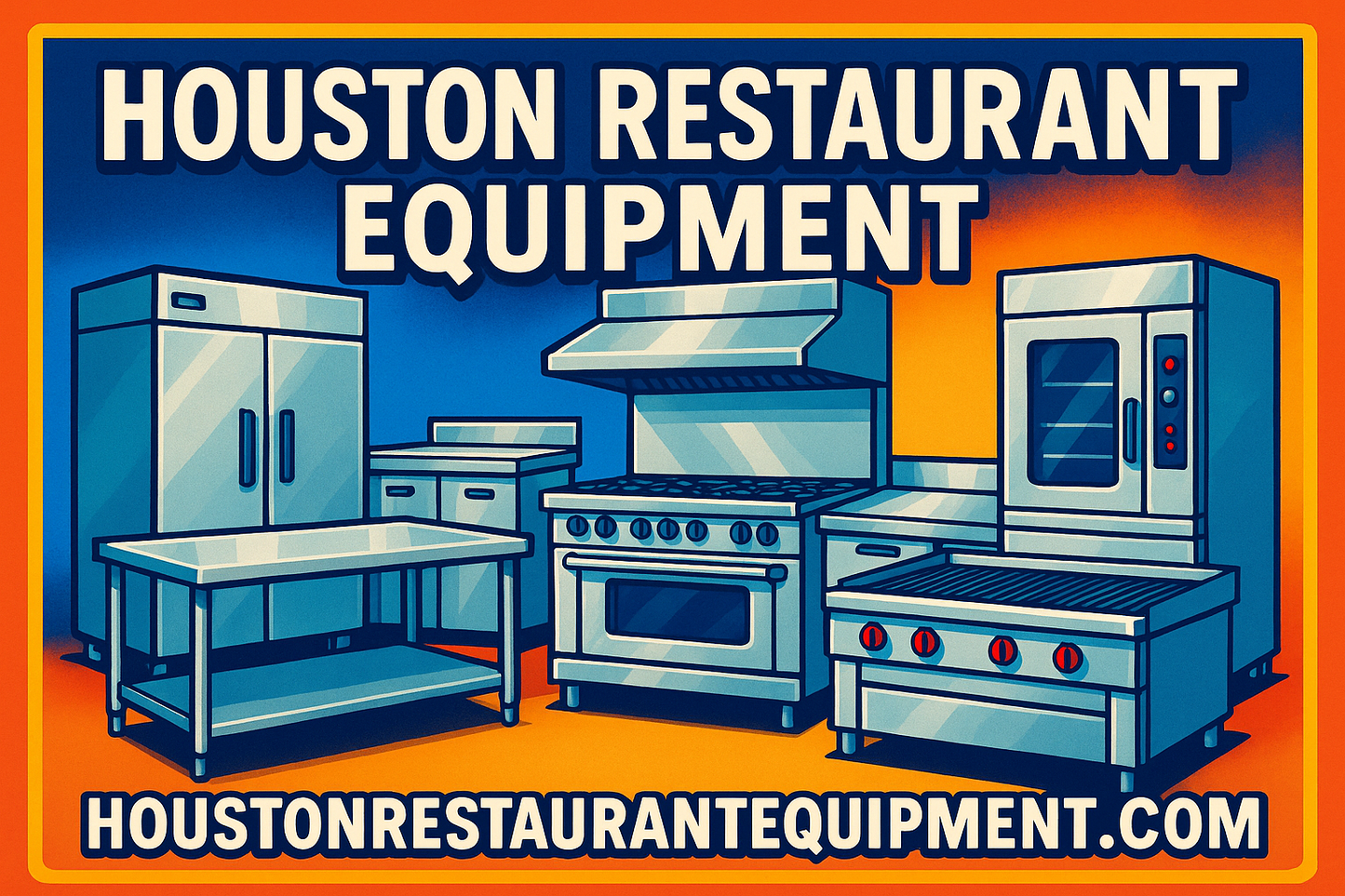 A colorful image of Houston Restaurant Equipment with the domain name HoustonRestaurantEquipment.com