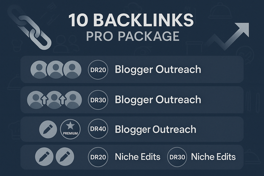 10 Backlinks Pro Package
2x DR20 Blogger Outreach
3x DR30 Blogger Outreach
1x DR40 Blogger Outreach
2x DR20 Niche Edits
2x DR30 Niche Edits
